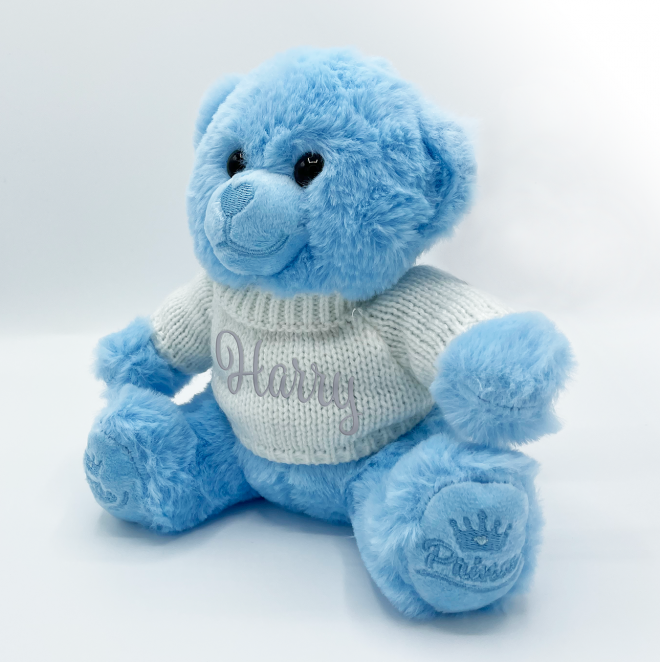 Blue teddy bear with sweater