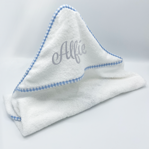 Personalised Baby White with Sky Gingham Trim Hooded Towel