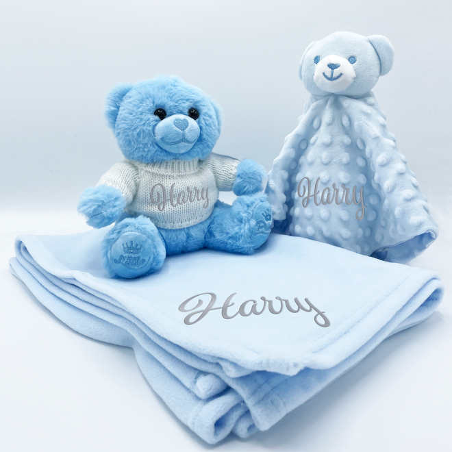 personalised bear gift set including teddy bear, comforter and blanket