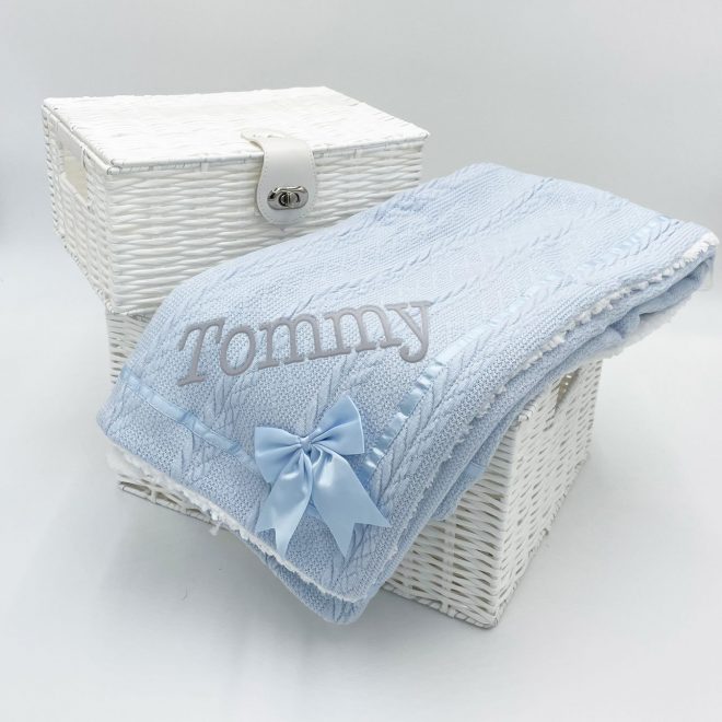 Personalised Blue Chevron Cable Knit Wrap with Satin Trim & Bow