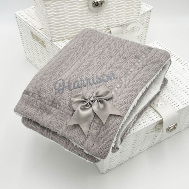 Personalised Grey Chevron Cable Knit Wrap With Satin Trim & Bow