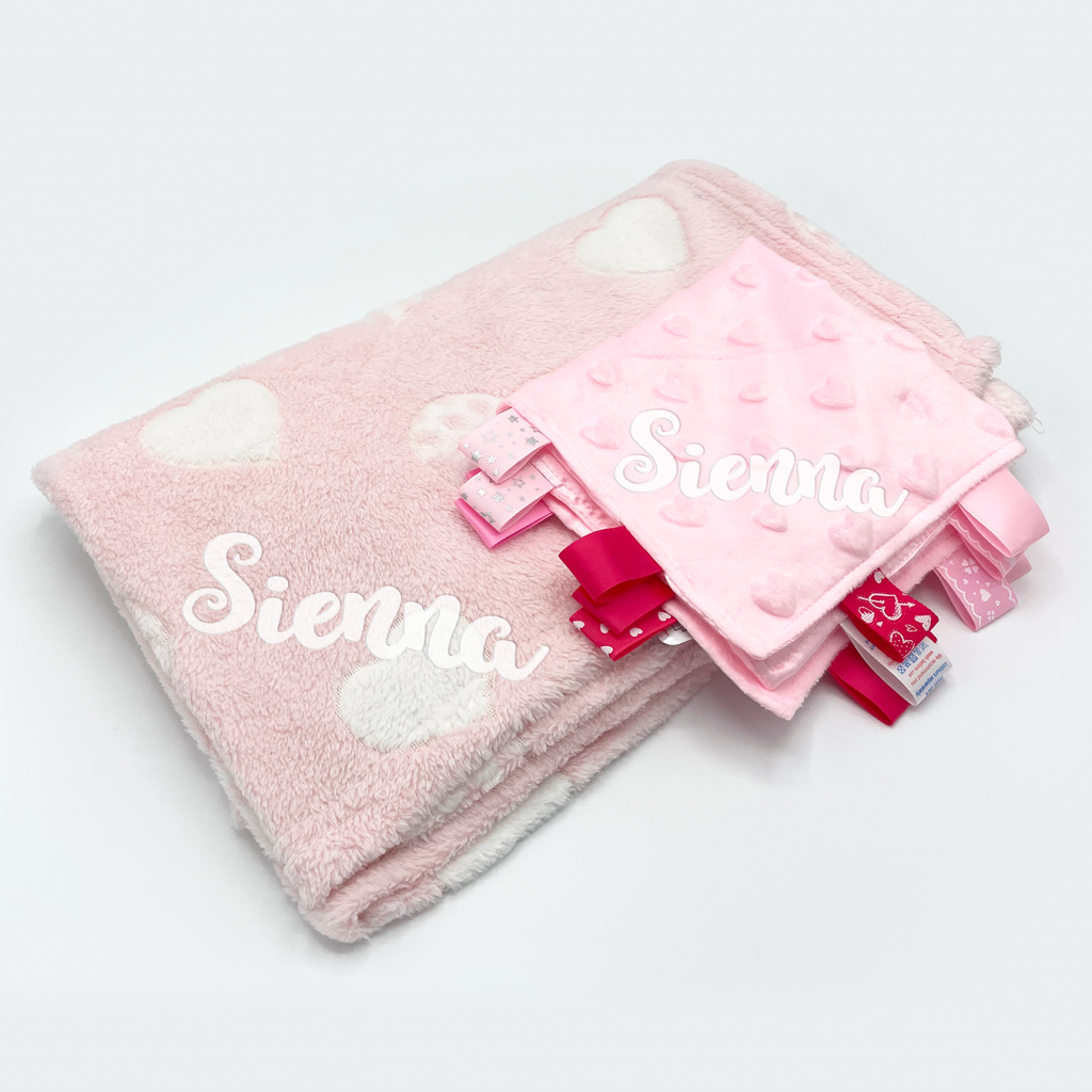 personalised heart gift set includingh baby blanket and comforter