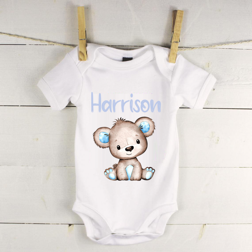 Personalised baby vest with blue bear