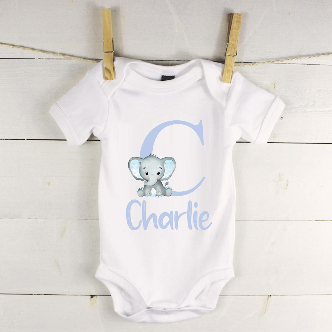 Personalised baby vest with elephant and letter