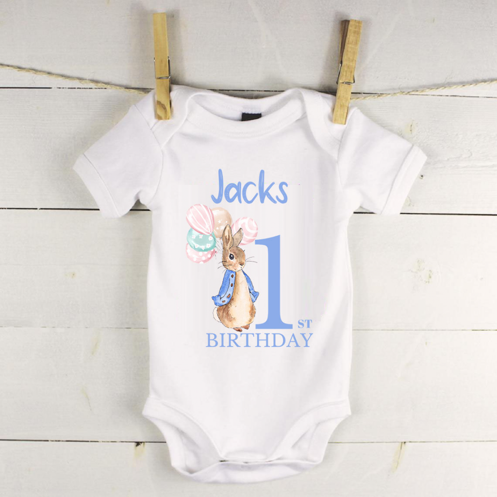 Personalised baby vest with peter rabbit and balloons