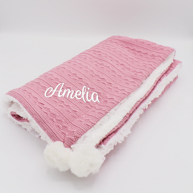 Personalised Dusky Pink Sherpa Cable Knit Wrap With Pom Poms