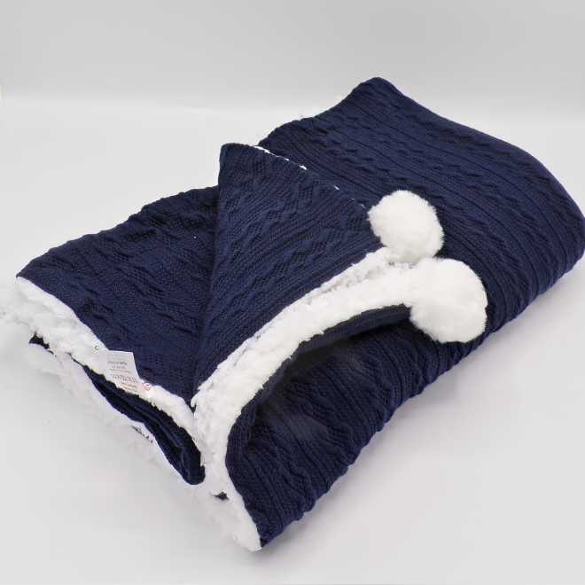 Navy Cable Knit Sherpa Blanket with Pom Poms