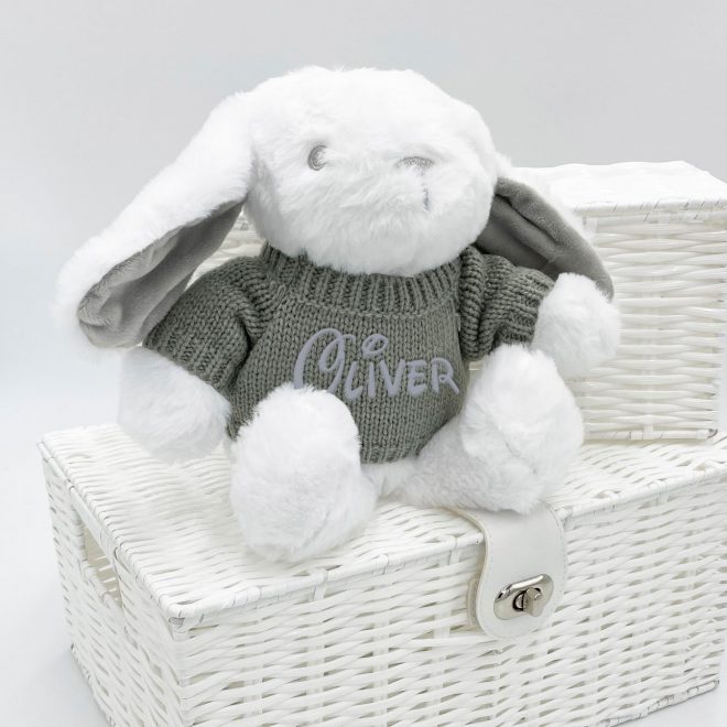 Personalised White Bunny Teddy Bear with Grey Sweater