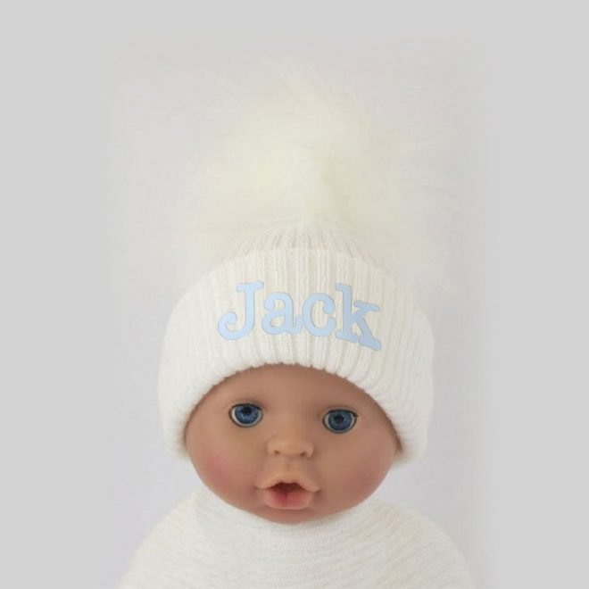 Personalised White Unisex Single Baby Pom Pom Hat