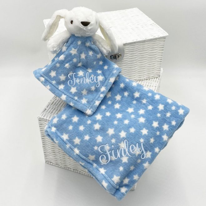 Personalised Baby Boy Blue Bunny Comforter & Blanket Set