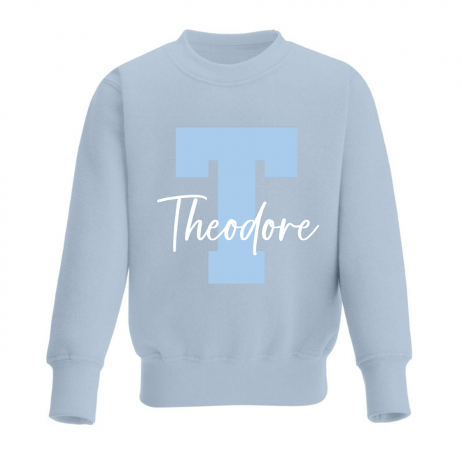 Personalised Baby Blue Boys Digitally Printed Sweater with Baby Blue Letter & White Signature Font