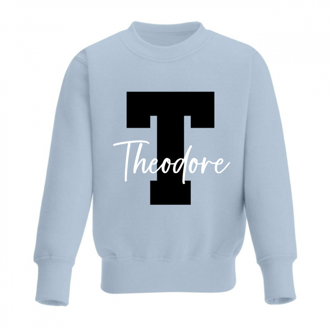 Personalised Baby Blue Boys Vinyl Printed Sweater with Black Letter & White Signature Font