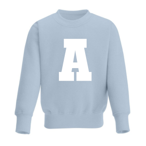 Personalised Baby Blue Boys Vinyl Printed Sweater with White Initial College Font