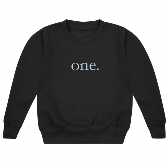 Personalised Baby Boy Embroidered Black Sweater with "one" in Baby Blue Serif Font