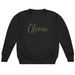 Personalised Baby Girl Vinyl Printed Black Sweater with Name in Leopard Print Signature Font
