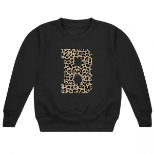 Personalised Baby Girl Vinyl Printed Black Sweater with Large Initial in Leopard Print Block College Font