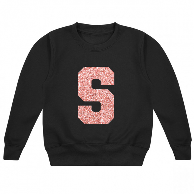 Personalised Baby Girl Vinyl Printed Black Sweater with Large Initial in Rose Gold Block College Font