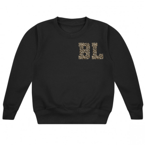 Personalised Baby Girl Vinyl Printed Black Sweater with Initials in Leopard Print Block College Font