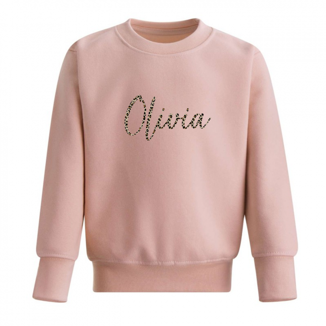 Personalised Baby Girl Pink Sweater with Name in Leopard Print Signature Font