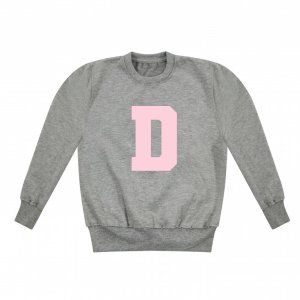 Personalised Baby Girls Grey Sweater with Large Initial in Baby Pink College Font