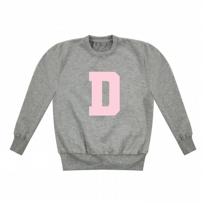Personalised Baby Girls Grey Sweater with Large Initial in Baby Pink College Font