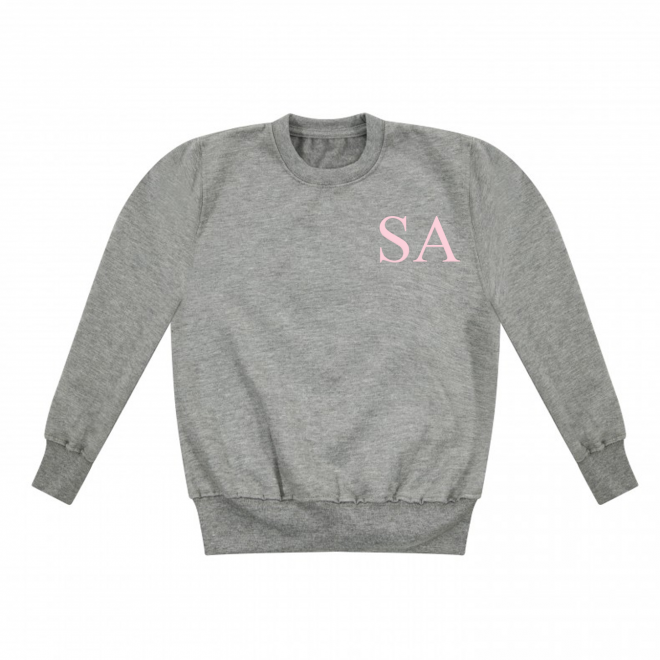 Personalised Baby Girls Embroidered Grey Sweater with Initials in Baby Pink Serif Font