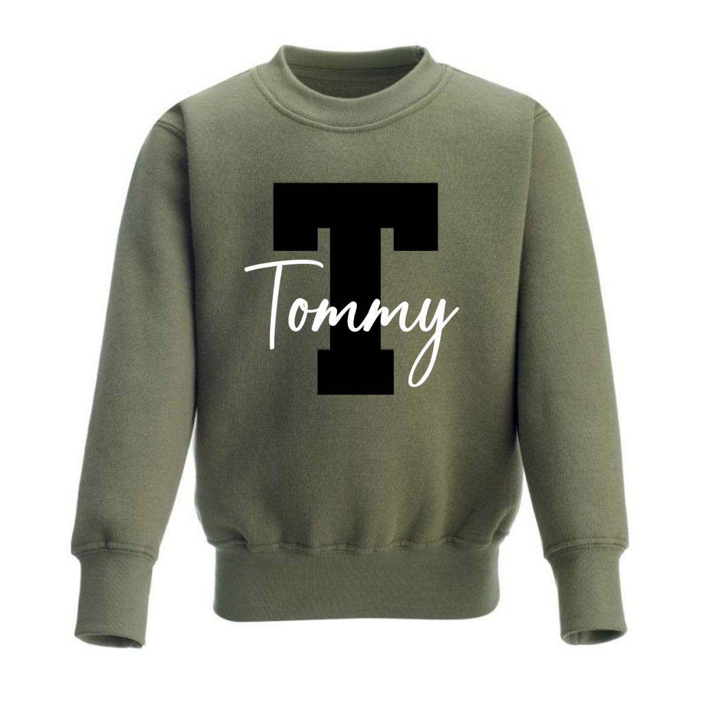 Personalised Khaki Baby Boys Sweater with Black Initial & White Signature Font