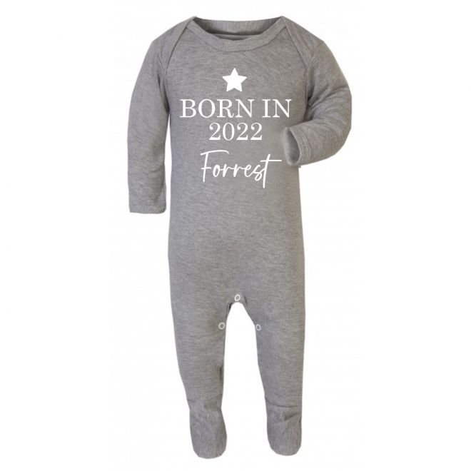 Grey Babygrow + Born In + Name