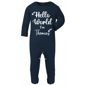 Personalised Baby Boys Navy Blue 'Hello World' Personalised Babygrow