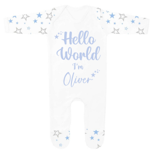 Personalised Baby Boys 'Hello World' Blue & Grey Star Babygrow