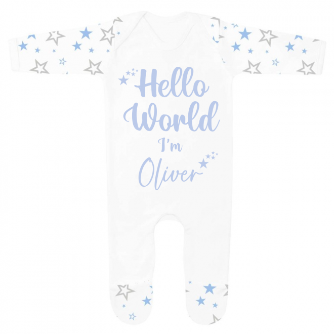 Personalised Baby Boys 'Hello World' Blue & Grey Star Babygrow