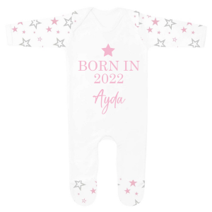 Personalised Baby Girls 'Born in 2022' Pink & Grey Star Babygrow
