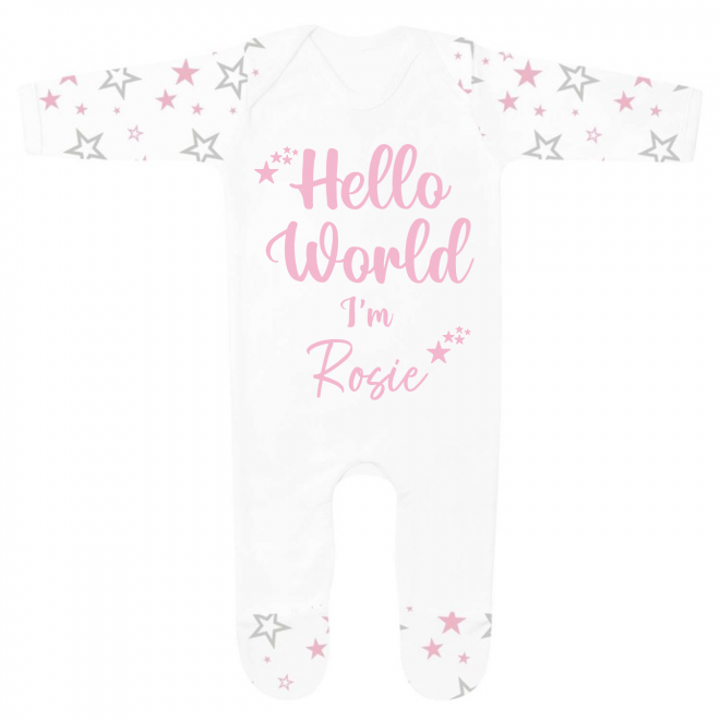 Personalised Baby Girls 'Hello World' Pink & Grey Star Babygrow