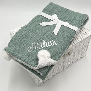 Personalised Unisex Baby Sage Green Sherpa Cable Knit Blanket With Pom Poms