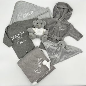 Personalised ‘Born In’ with Chevron Pom Pom Ultimate Baby Gift Set Bundle