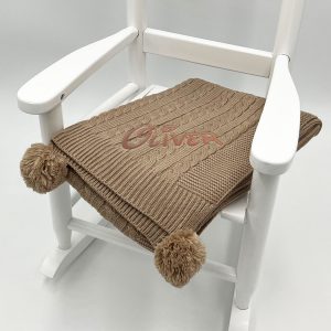 Personalised Baby Unisex Toffee Knitted Pom Pom Blanket